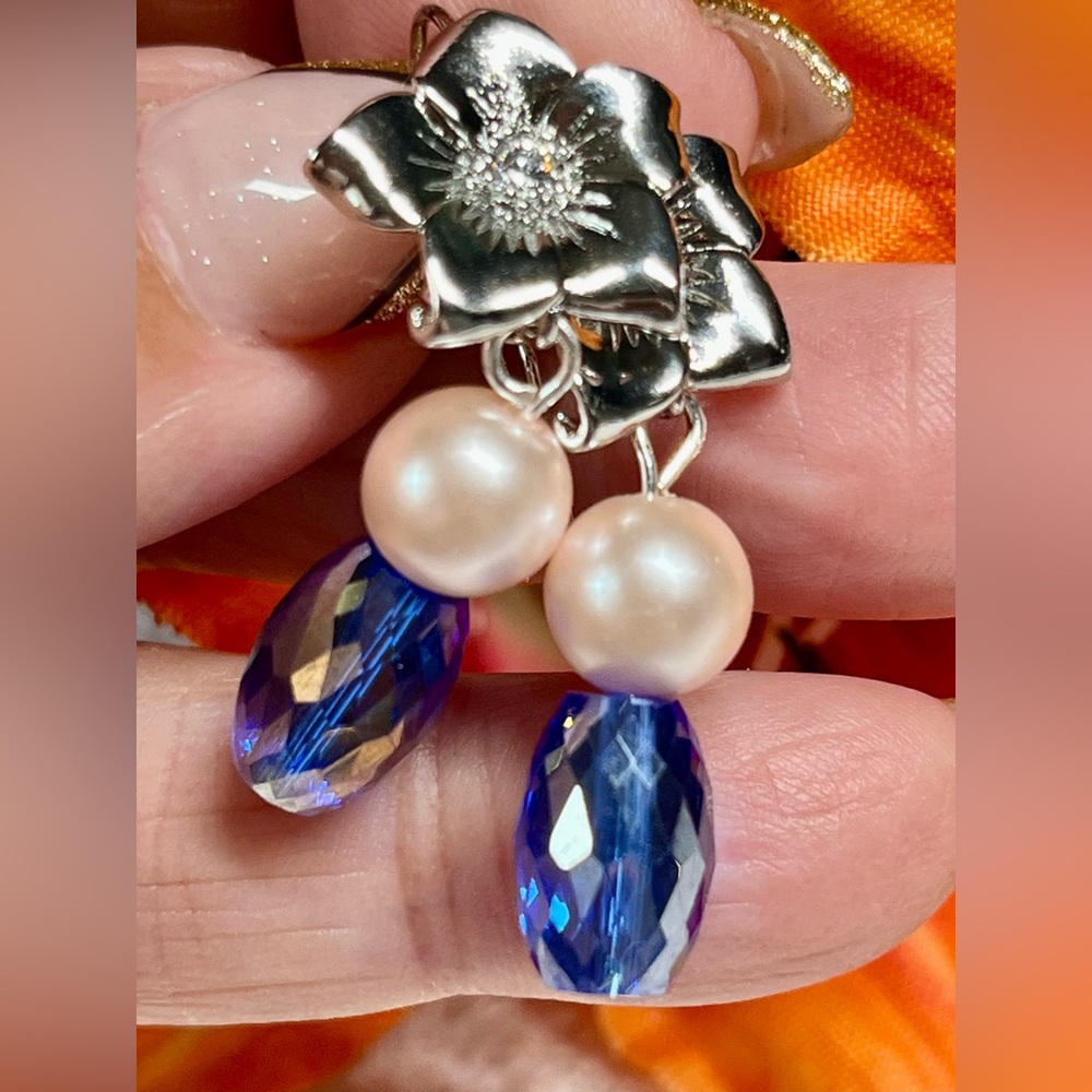 Elegant Silver flower and Blue/Pearl accent Drop Earrings